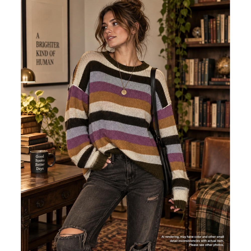 Daytrip Size M Striped Knit Oversized Sweater Multi Color Grunge Dark Academia